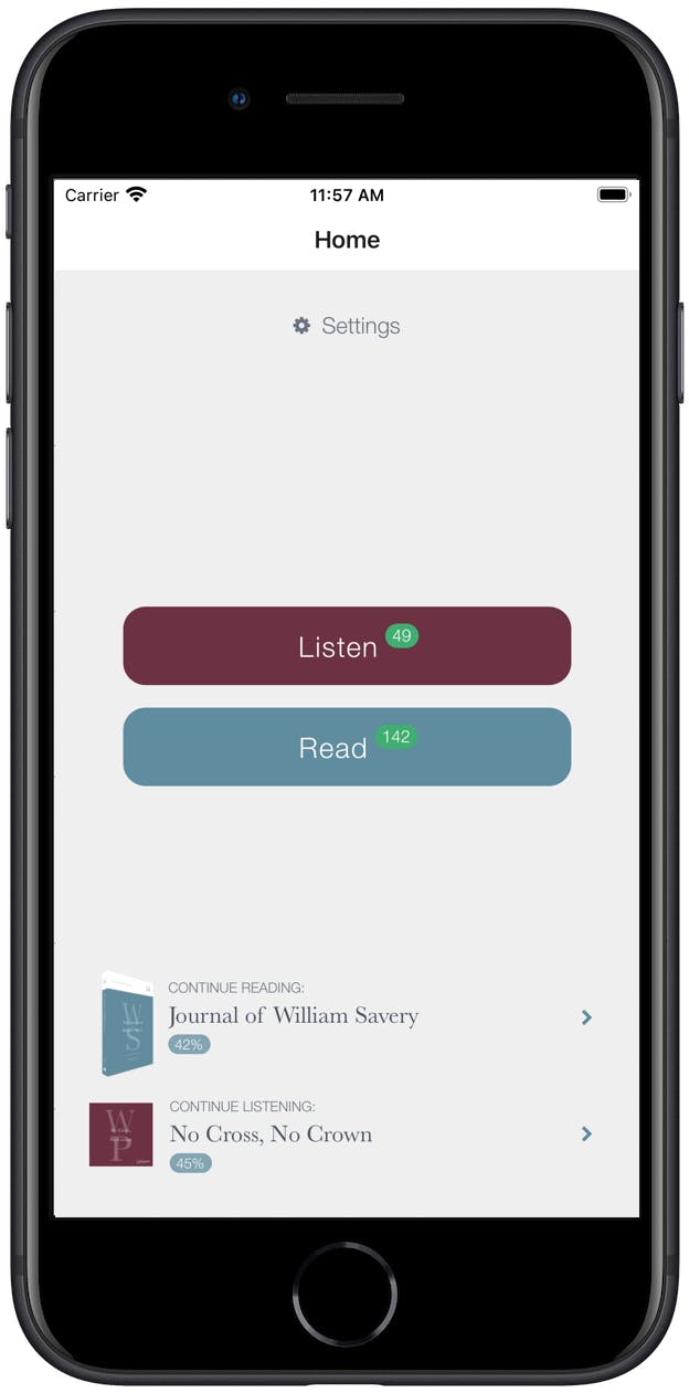 Screenshot of Friends Library App home screen